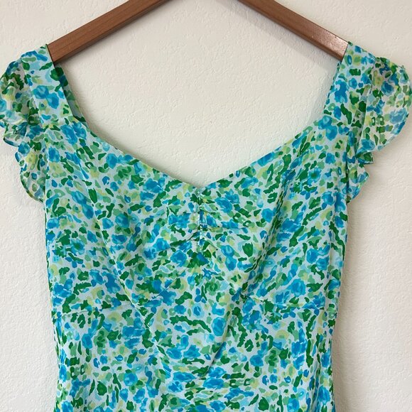Ann Taylor Top Womens 14 Blue Green Floral Ruffle Sleeveless Silk Career Tank - Picture 2 of 9